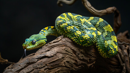 a vibrant green snake with intricate patterns, coiled gracefully on a piece of wood in a dark environment.