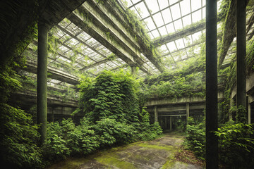 A large, abandoned building with a glass ceiling and lush green plants growing inside. - Powered by Adobe