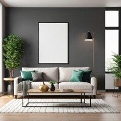 modern living room with sofa, picture mockup on the wall