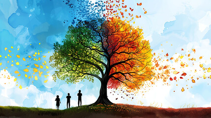 a stylized, colorful tree undergoing the seasonal transition from summer to autumn. - obrazy, fototapety, plakaty