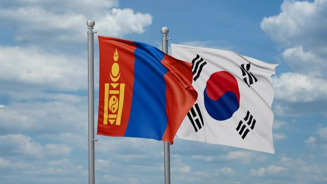 South Korea or Republic of Korea or ROK and Mongolia two flags waving together, looped video, two country cooperation concept