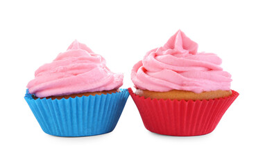 Delicious cupcakes with pink cream isolated on white