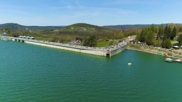 Tourists On The Water Dam On Solina Lake Bieszczady Mountains Aerial View Poland