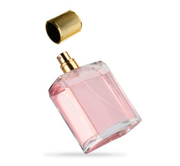 Bottle of perfume in air isolated on white