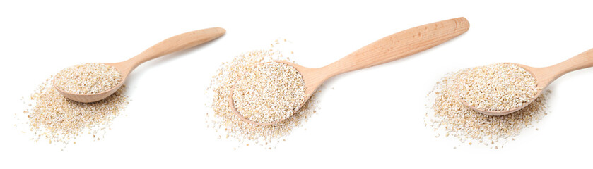 Collage of dry barley groats in wooden spoon on white background, top and side views