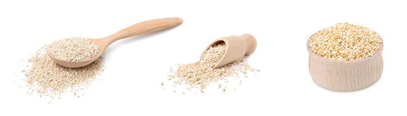 Set of dry barley groats on white background