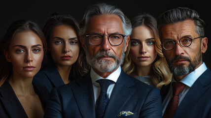 elegantly dressed successful businessmen and businesswomen looking and posing for the camera with success attitude, black background.generative ai