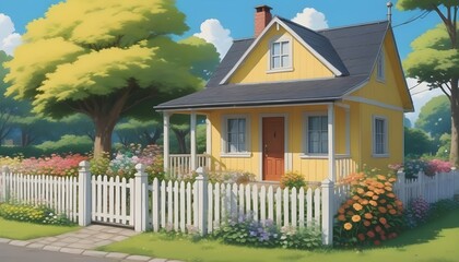 direct front view of facade of a A small yellow house in a village, with a flower garden and a mailbox. The house has a porch and a swing, and a bicycle is leaning against it. A sunny day, illustratio - Powered by Adobe