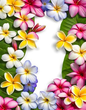 Close-up image of fresh plumeria daisy cosmos and periwinkle flowers border frame