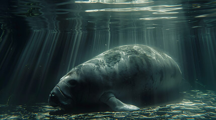 Fototapeta na wymiar The main subject is a manatee, a large marine mammal with greyish-brown skin, floating or swimming underwater.