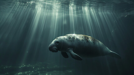 The main subject is a manatee, a large marine mammal with greyish-brown skin, floating or swimming underwater. - obrazy, fototapety, plakaty