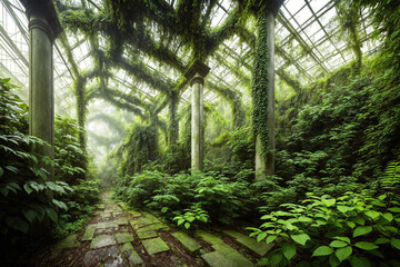 A greenhouse with vines growing on the walls and ceiling. - Powered by Adobe