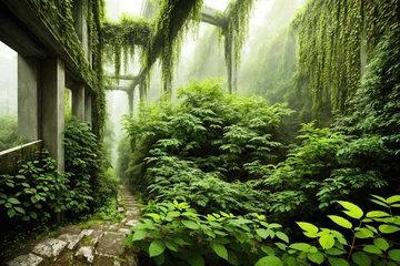 Foto auf Alu-Dibond A misty, overgrown forest with vines and moss covering the walls of an abandoned building. © Miklos