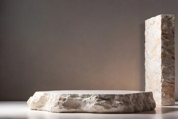 Product packaging mockup photo of White stone podium,, studio advertising photoshoot