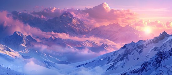 Tranquil Sunset Bokeh SnowCovered Mountains Radiate Serenity