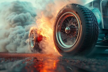 Wheel on the road vintage drift of smoky and fire tires