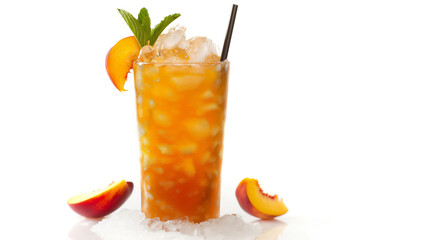 Peach slushie in a tall glass with mint and peach slice, on crushed ice.