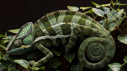 A vividly patterned chameleon perched among ivy leaves, displaying camouflaging skills.