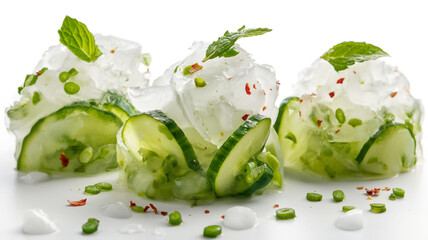 Fresh cucumber salad with icy dressing, mint leaves, and green peas, gourmet presentation.