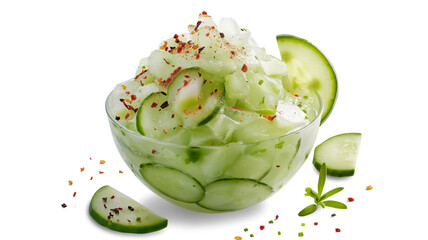 Iced cucumber slices in a bowl with chili flakes and a sprig of green.
