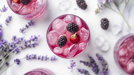 Top-down view of a berry cocktail with ice, surrounded by lavender sprigs.