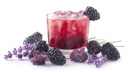 Berry drink with ice in a glass, surrounded by blackberries and lavender.