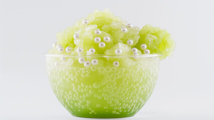 Green slushie topped with pearls in a frosted glass bowl on a white background.