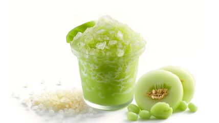 Green slush in a cup with tapioca pearls, next to sliced honeydew and melon balls.