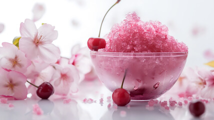 Cherry slush in a glass bowl with cherry and blossoms around, on a light background.