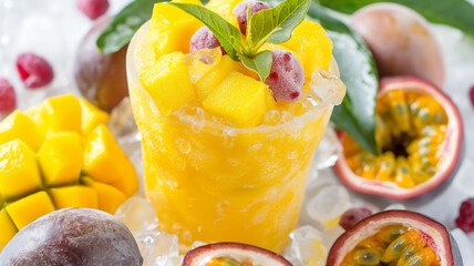 Mango slush topped with berries and mint, amidst fruits and ice.