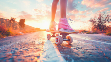 A person skateboarding on a road at sunset, with the focus on the skateboard wheels and the rider's sneakers.