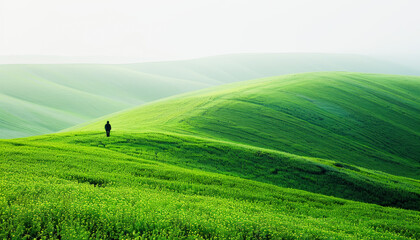 A person standing alone amidst vast, undulating green hills under a soft, hazy sky ? a serene landscape moment.