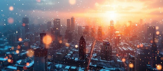 Tranquil Twilight A Snowy Cityscape Bathed in Warm Bokeh Sunset Hues