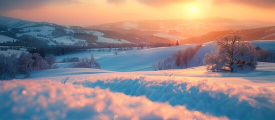 Serene Sunset Bokeh Light Blankets Snowy Countryside in Soft Hues - obrazy, fototapety, plakaty