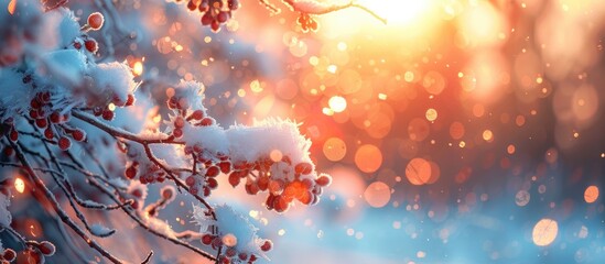 Breathtaking Bokeh Sunset Illuminating Snowy Branches in the Tranquil Winter Woods