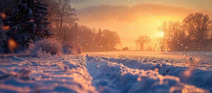 Ethereal Sunset Bokeh Snowcovered Countryside Illuminated in Winters Tranquil Embrace