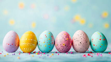 Colorful painted Easter eggs lined up against a pastel blue background with confetti. Festive holiday decoration.