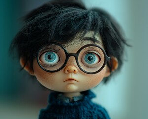 Lovely doll silhouette, child in round glasses, cute brunette's figure, old vintage plastic toy with eyeglasses and big, large blue eyes, adorable myopic baby closeup, nearsighted kid with disability 