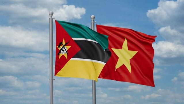 Vietnam and Mozambique two flags waving together, looped video