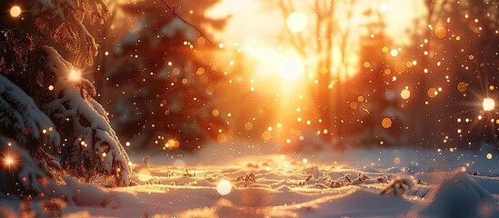 Breathtaking Bokeh Sunset Illuminating Snowcovered Forest with Golden Light - obrazy, fototapety, plakaty