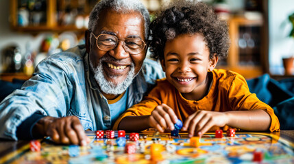 An elderly man and young child smiling, playing a colorful board game together, enjoying quality family time indoors.