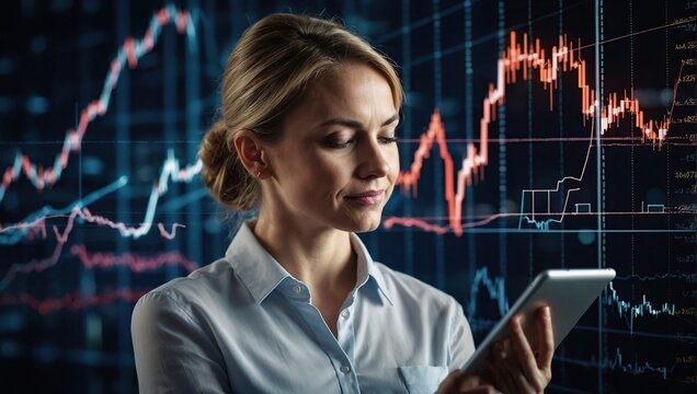 Business woman, tablet and stock market in double exposure for trading profit, increase and data growth at night, Happy trader, analyst or investor with finance graphs, arrow or statistics in overlay 