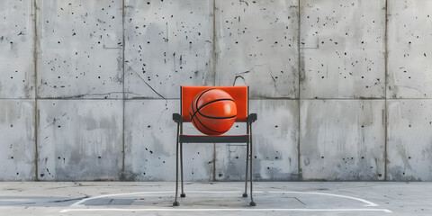  A referee sport chair for indoor with orange Basketball and Cement Wall  Background,  Basketball for sports on marble floor and background   