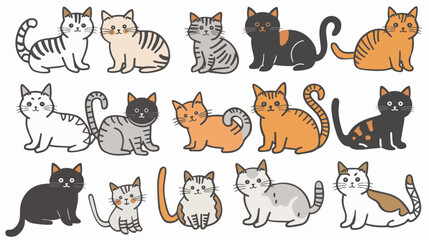 Hand drawn abstract cats, kitten, flat icons set. Color isolated illustrations. 