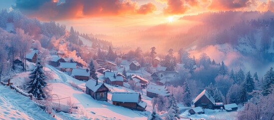 Tranquil SnowCovered Village Basks in Serene Sunset Hues