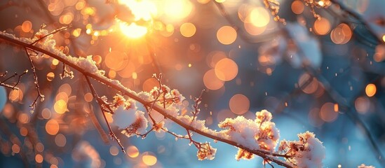 Magical Sunset Glow Bokeh Light Blur Enchants SnowLaden Winter Branches - obrazy, fototapety, plakaty