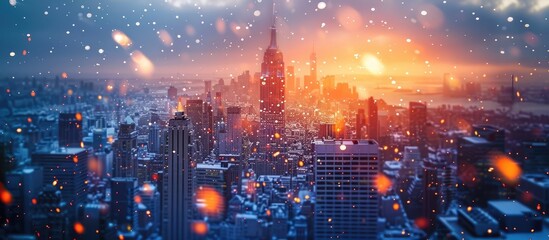 Warm Sunset Hues Transforming Snowy Cityscape into a Dreamy Bokehlit Landscape