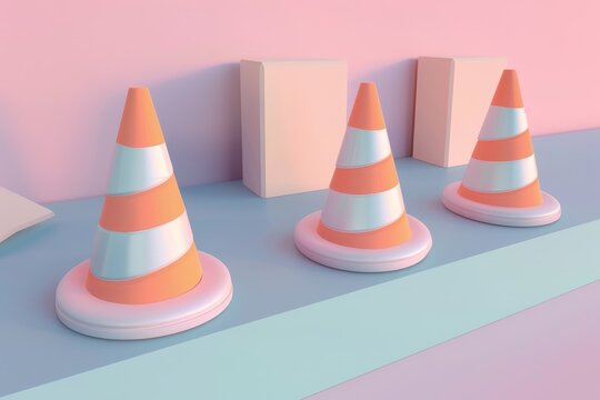Traffic cones icon, 3D render clay style, Abstract geometric shape theme, studio short, pastel , isolated on pastel  background