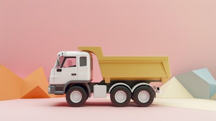 Dump truck icon, 3D render clay style, Abstract geometric shape theme, studio short, pastel , isolated on pastel  background