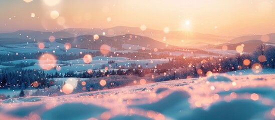 Serene Sunset Bokeh Snowy Countryside Bathed in Soft Hues - obrazy, fototapety, plakaty